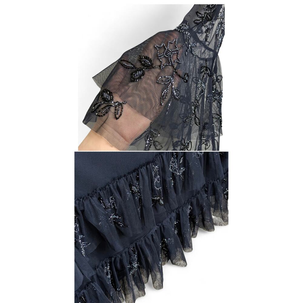 Mac Duggal Navy Beaded Mesh Bell Sleeve Tiered Ruffle Hem Evening Gown 16W - Picture 4 of 7